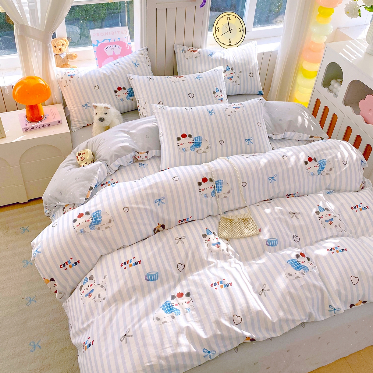 91家纺网 家纺一手货源 找家纺 小懒猪 2026新款全棉印花卡通系列四件套 蓝调喵趣