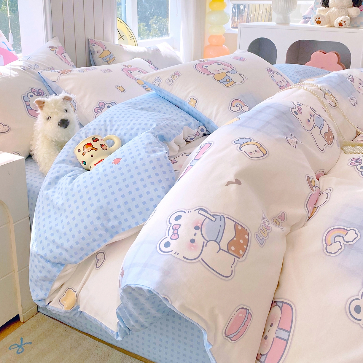 91家纺网 家纺一手货源 找家纺 小懒猪 2026新款全棉印花卡通系列四件套 元气熊仔