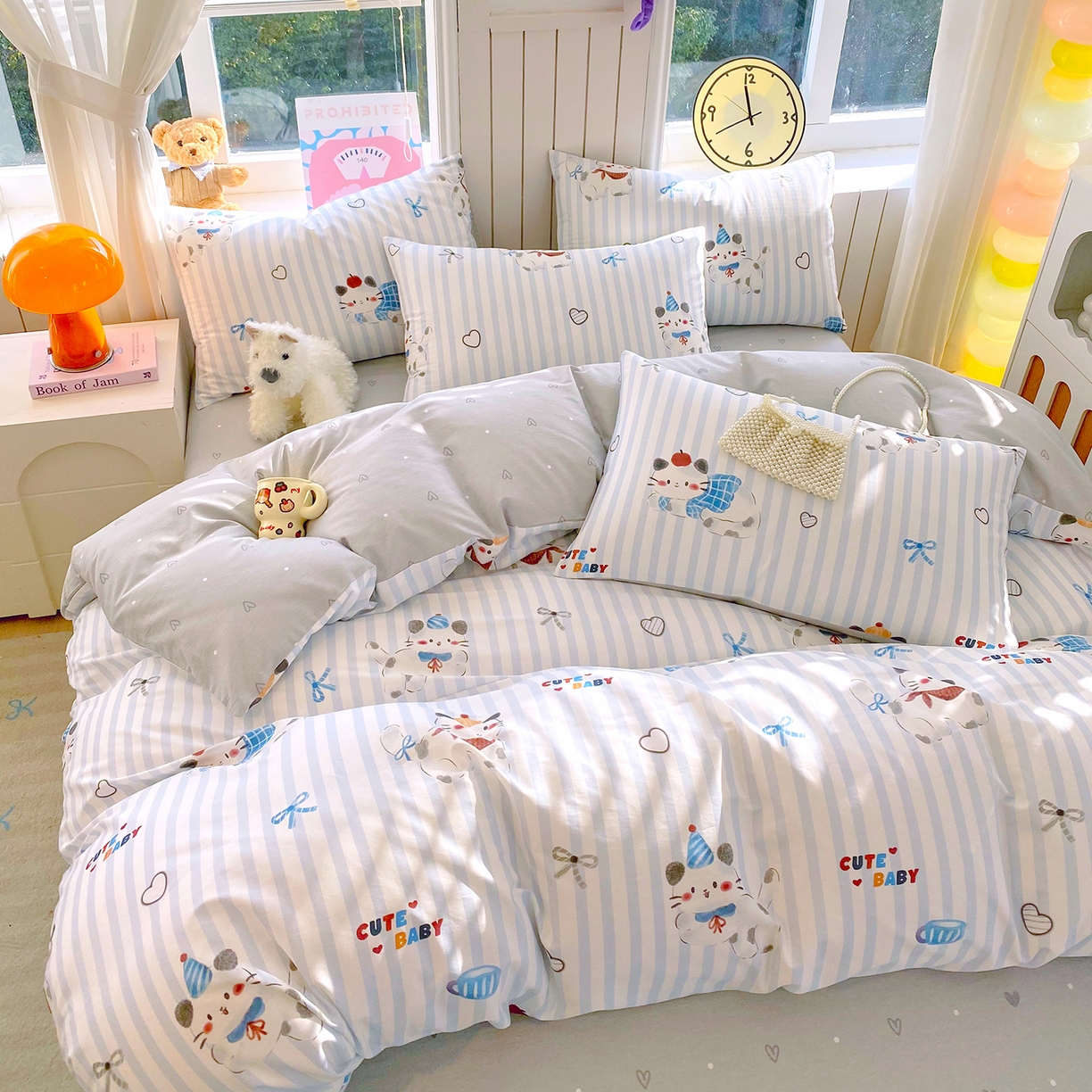 91家纺网 家纺一手货源 找家纺 小懒猪 2026新款全棉印花卡通系列四件套 蓝调喵趣