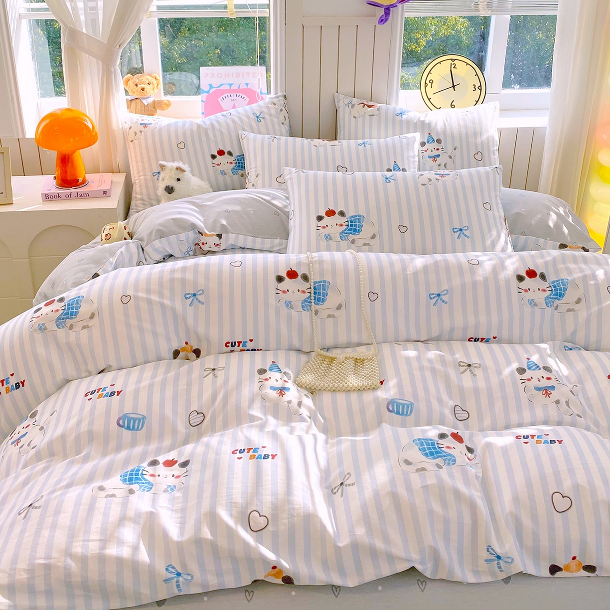 91家纺网 家纺一手货源 找家纺 小懒猪 2026新款全棉印花卡通系列四件套 蓝调喵趣