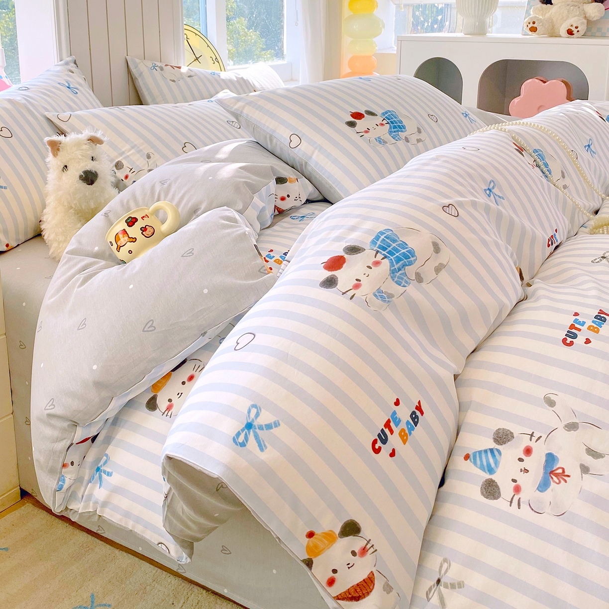 91家纺网 家纺一手货源 找家纺 小懒猪 2026新款全棉印花卡通系列四件套 蓝调喵趣