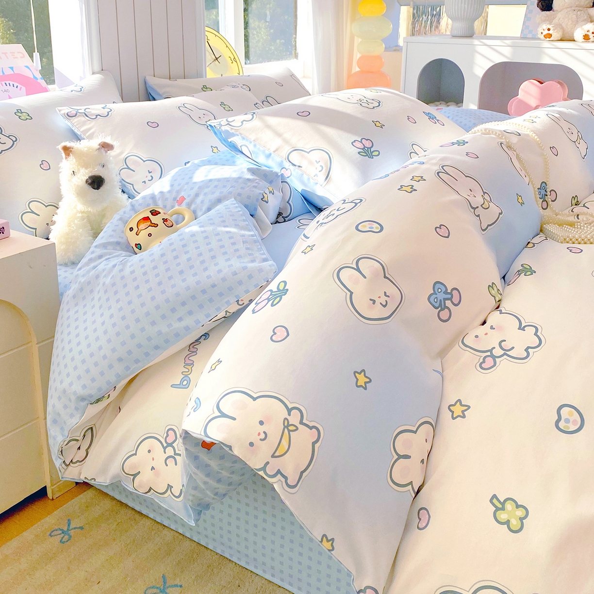 91家纺网 家纺一手货源 找家纺 小懒猪 2026新款全棉印花卡通系列四件套 星兔软糖