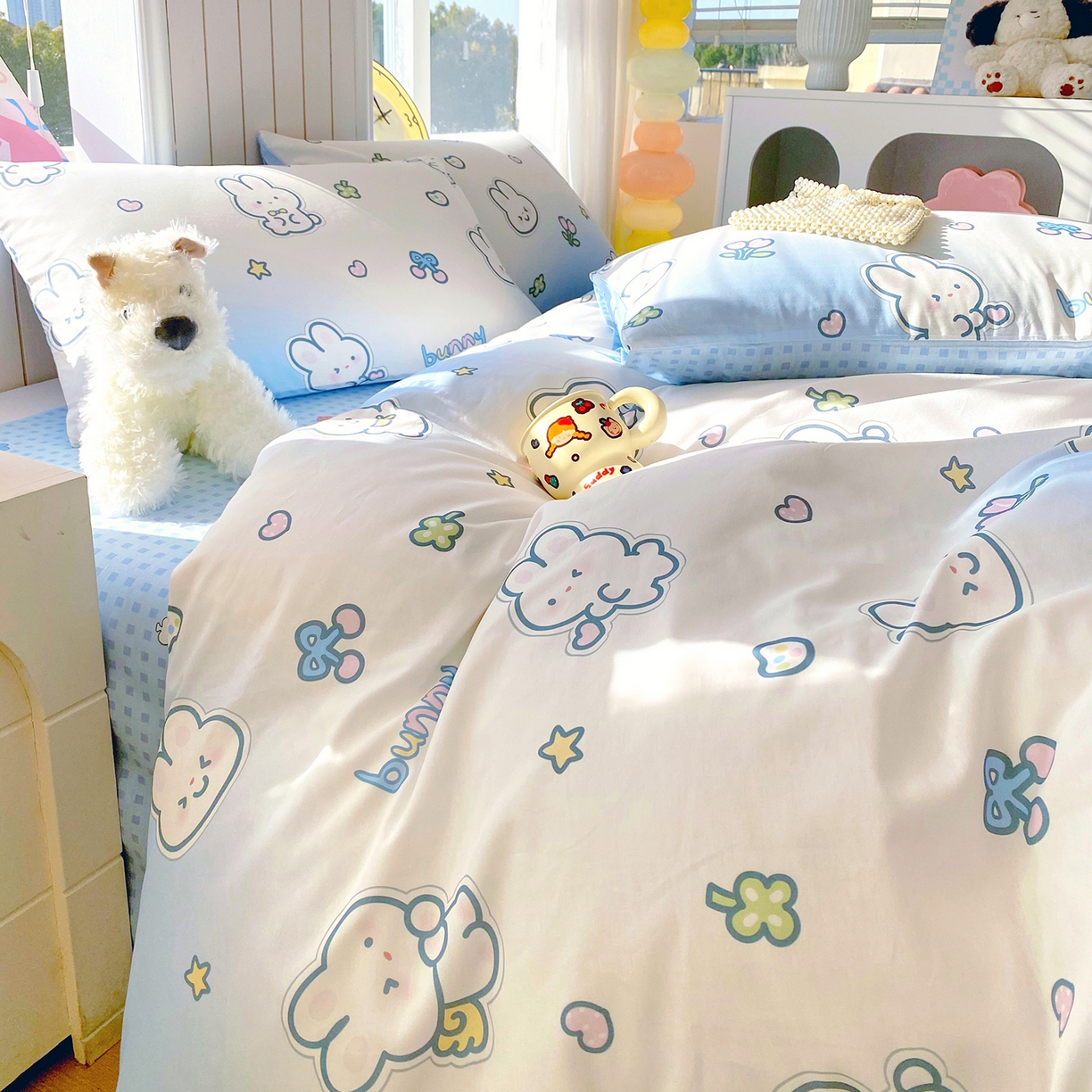 91家纺网 家纺一手货源 找家纺 小懒猪 2026新款全棉印花卡通系列四件套 星兔软糖