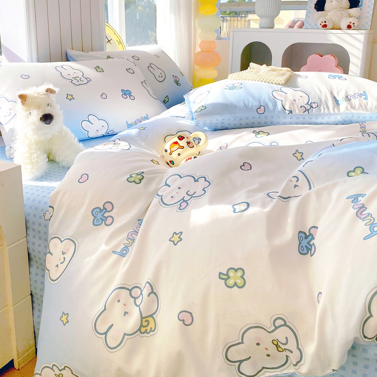 91家纺网 家纺一手货源 找家纺 小懒猪 2026新款全棉印花卡通系列四件套 星兔软糖