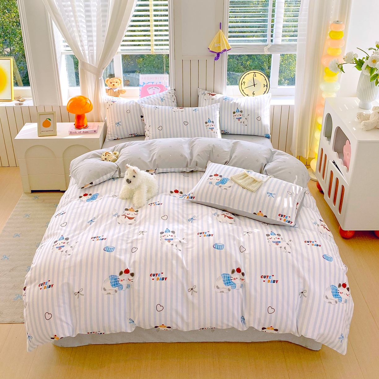 91家纺网 家纺一手货源 找家纺 小懒猪 2026新款全棉印花卡通系列四件套 蓝调喵趣