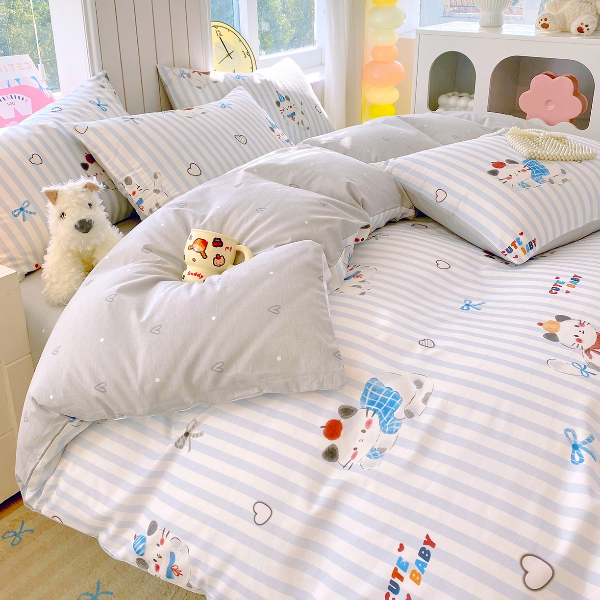 91家纺网 家纺一手货源 找家纺 小懒猪 2026新款全棉印花卡通系列四件套 蓝调喵趣