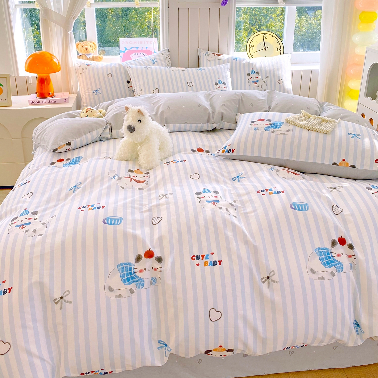 91家纺网 家纺一手货源 找家纺 小懒猪 2026新款全棉印花卡通系列四件套 蓝调喵趣