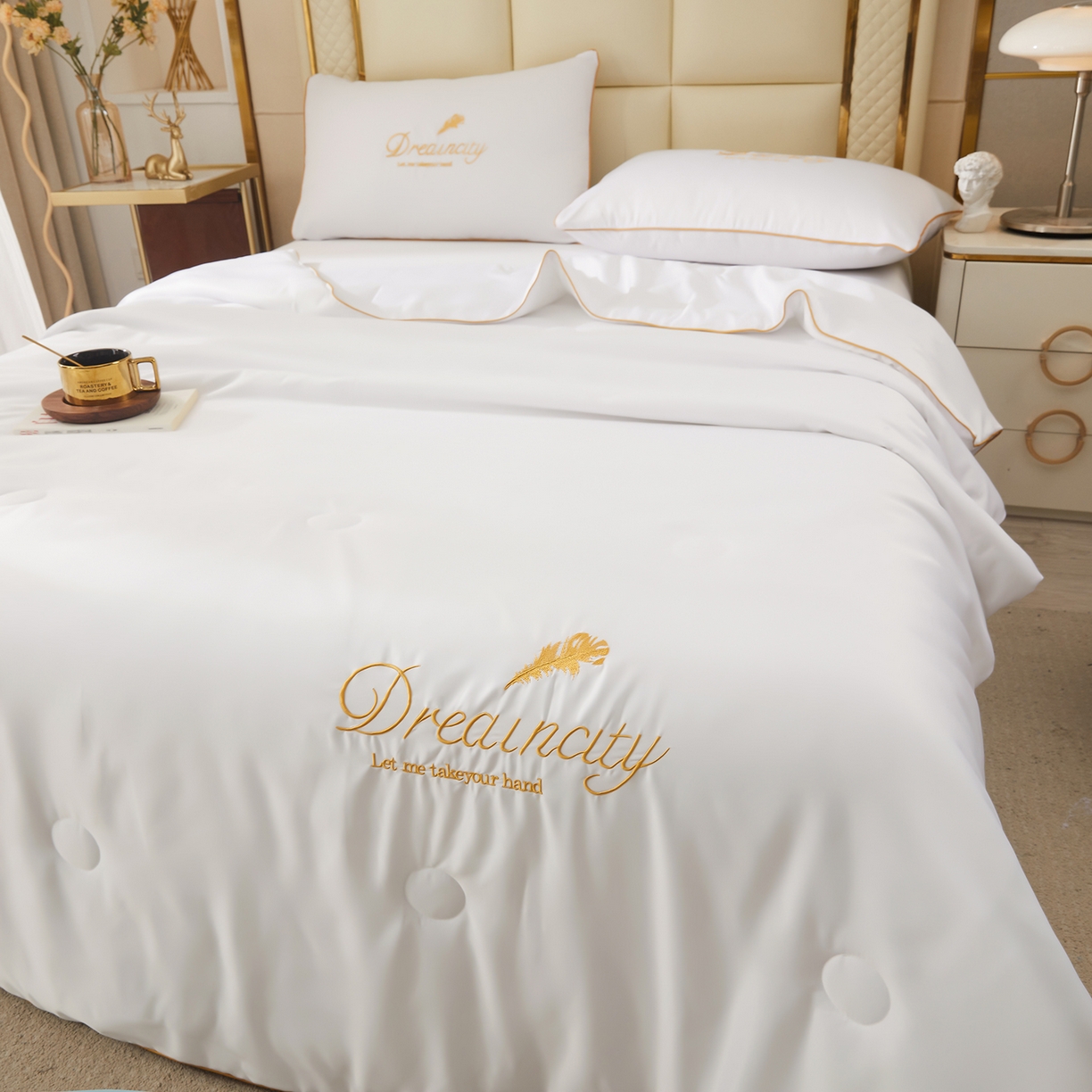 91家纺网 家纺一手货源 找家纺 好尚居 2026新款水洗真丝刺绣夏被被子被芯四件套 象牙白