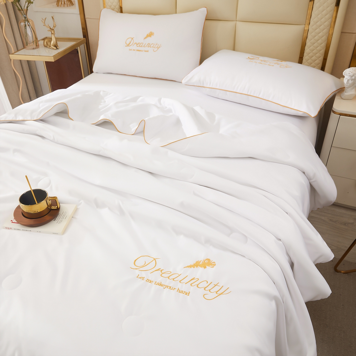 91家纺网 家纺一手货源 找家纺 好尚居 2026新款水洗真丝刺绣夏被被子被芯四件套 象牙白