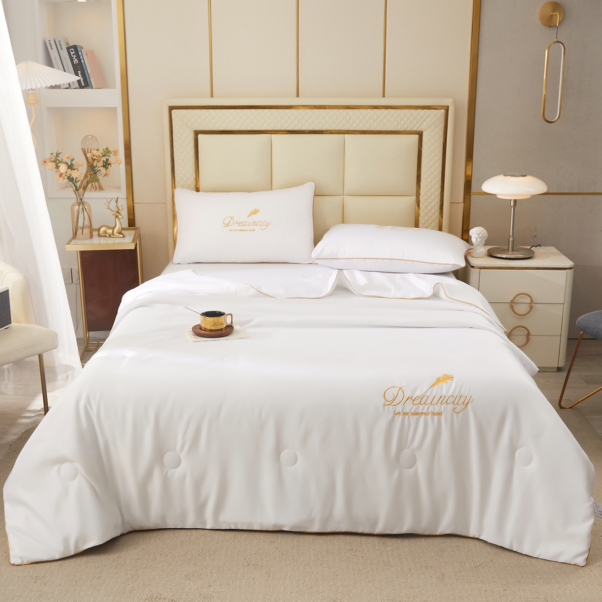 91家纺网 家纺一手货源 找家纺 好尚居 2026新款水洗真丝刺绣夏被被子被芯四件套 象牙白