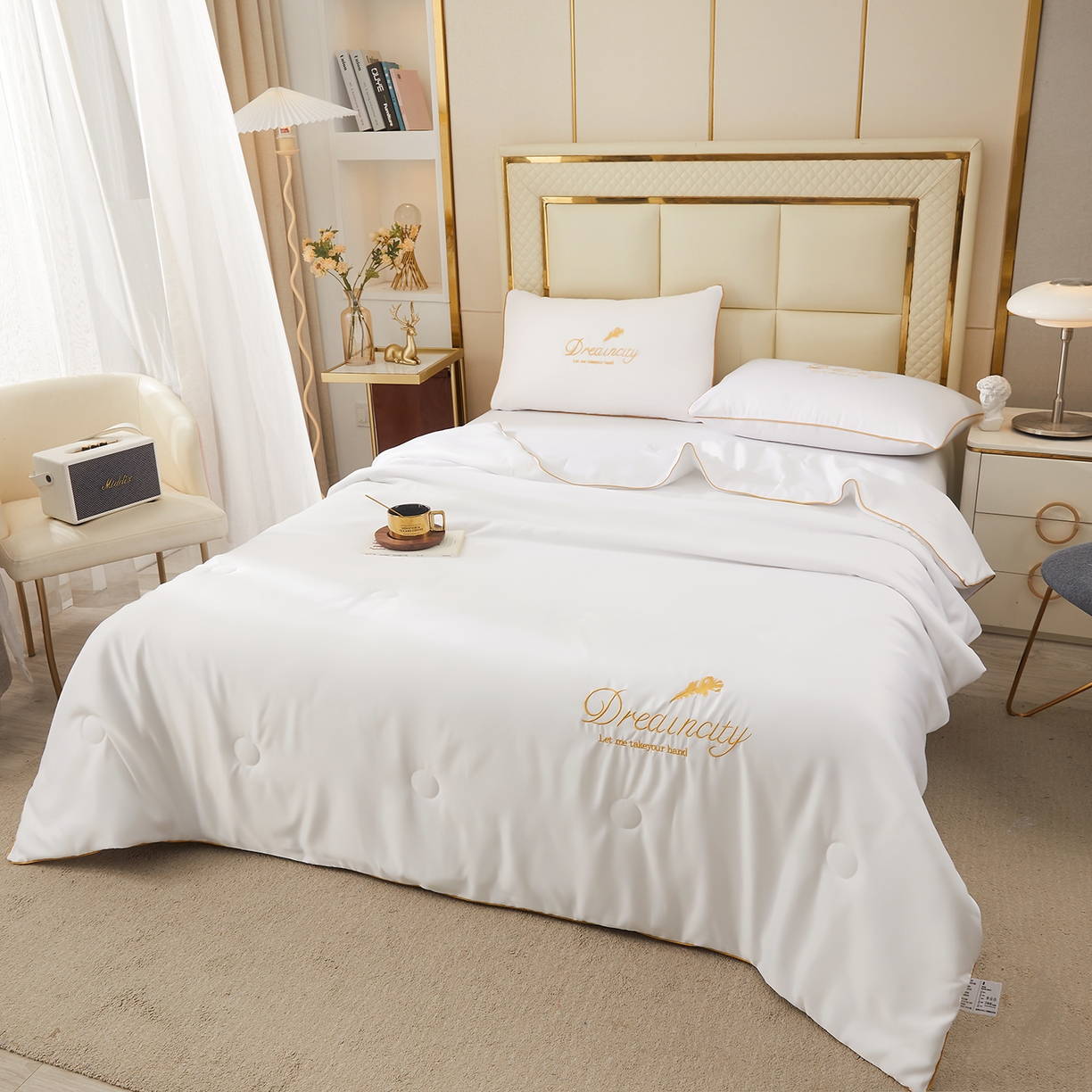 91家纺网 家纺一手货源 找家纺 好尚居 2026新款水洗真丝刺绣夏被被子被芯四件套 象牙白