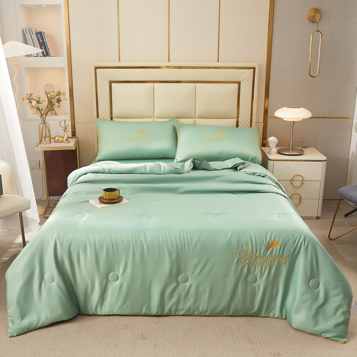 91家纺网 家纺一手货源 找家纺 好尚居 2026新款水洗真丝刺绣夏被被子被芯四件套 深海蓝