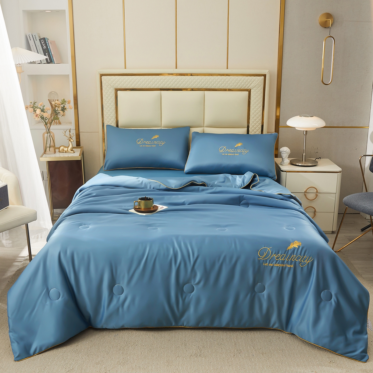 91家纺网 家纺一手货源 找家纺 好尚居 2026新款水洗真丝刺绣夏被被子被芯四件套 雾霾蓝