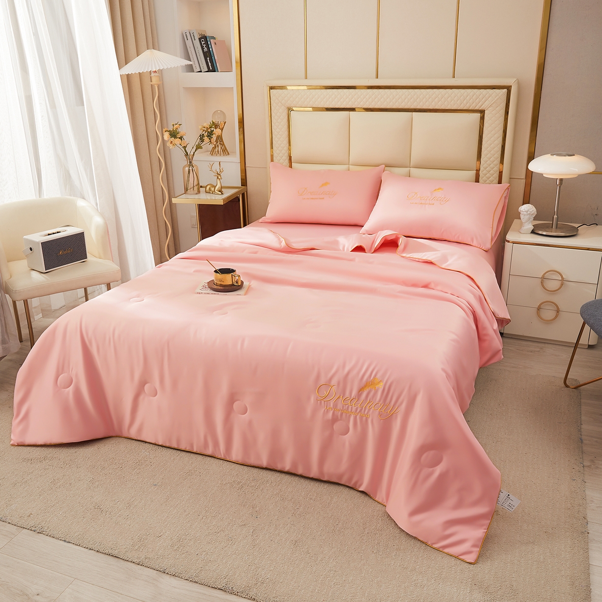 91家纺网 家纺一手货源 找家纺 好尚居 2026新款水洗真丝刺绣夏被被子被芯四件套 粉玉