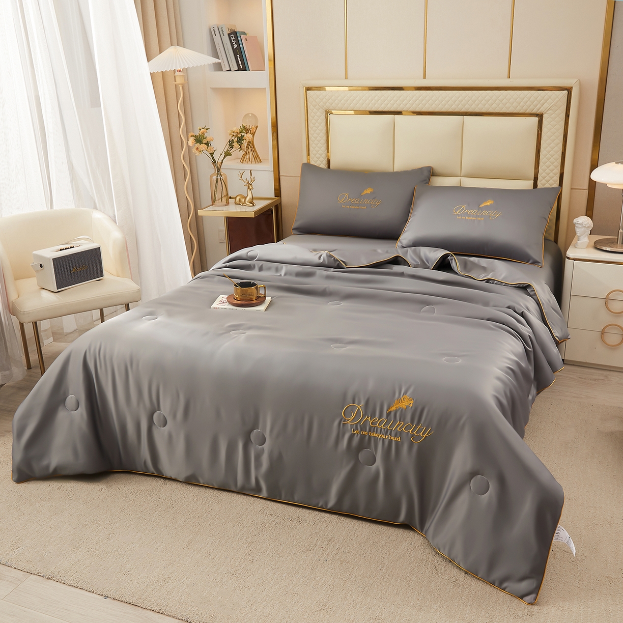 91家纺网 家纺一手货源 找家纺 好尚居 2026新款水洗真丝刺绣夏被被子被芯四件套 深灰