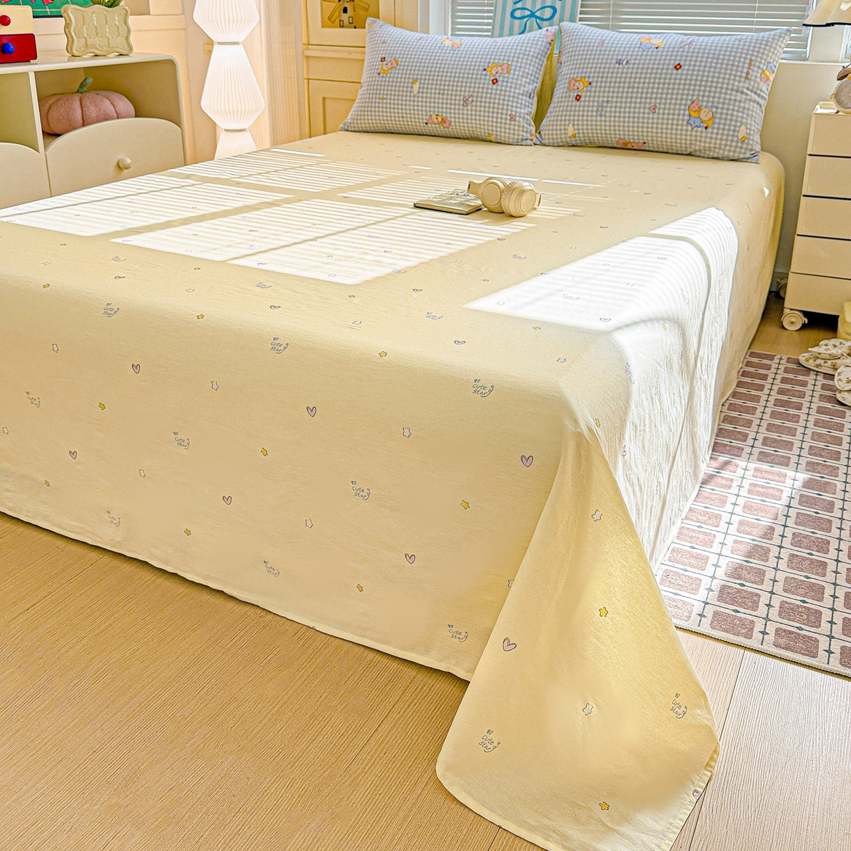 91家纺网 家纺一手货源 找家纺 名品家纺 2026新款100%纯棉床单系列 可爱星星-黄