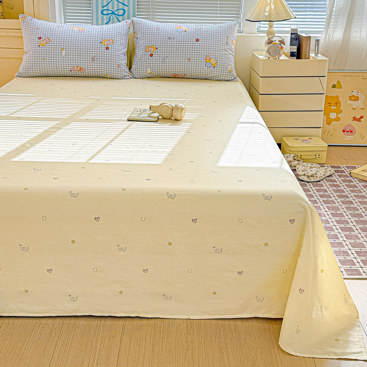 91家纺网 家纺一手货源 找家纺 名品家纺 2026新款100%纯棉床单系列 可爱星星-黄