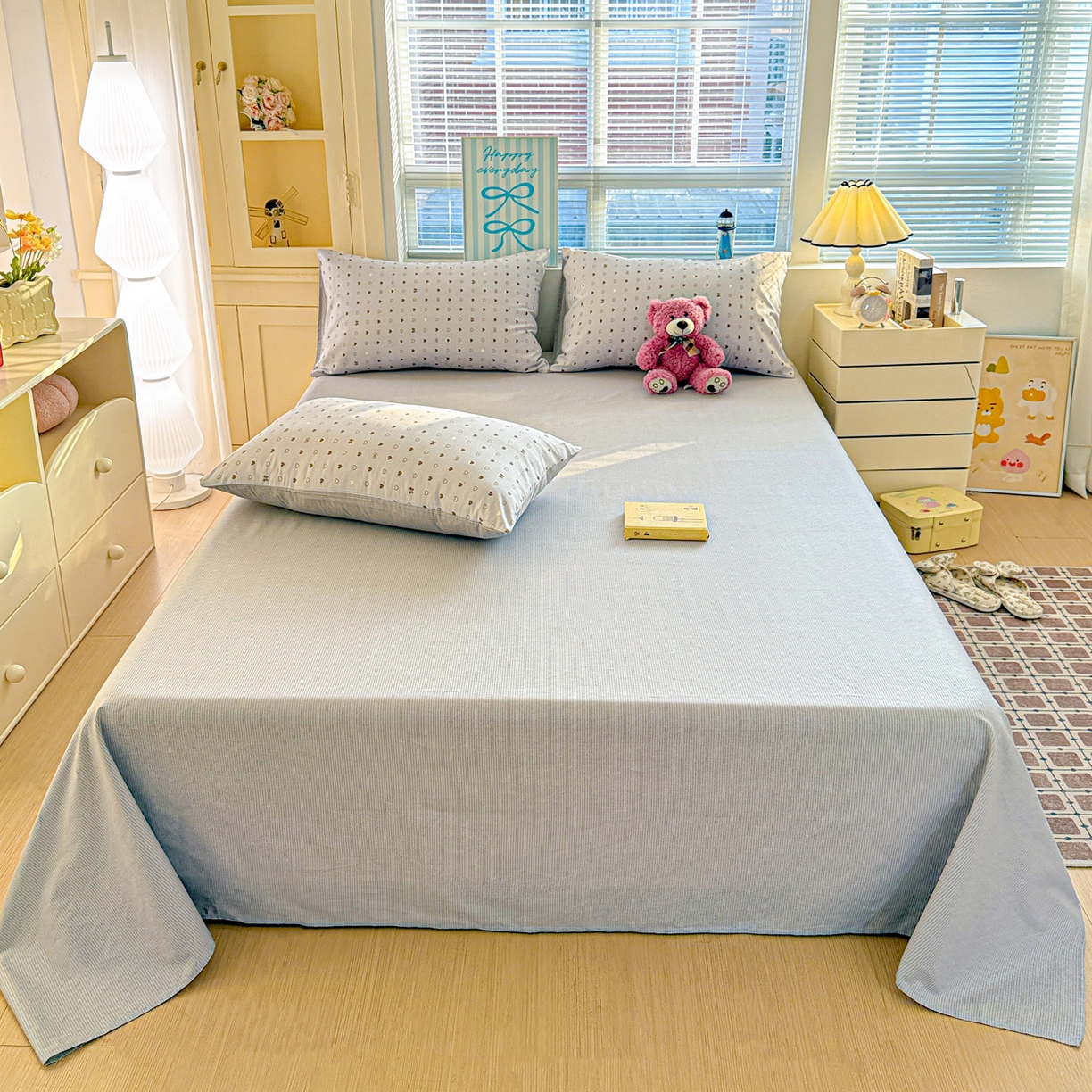 名品家纺 2026新款100%纯棉床单系列 蓝灰条纹