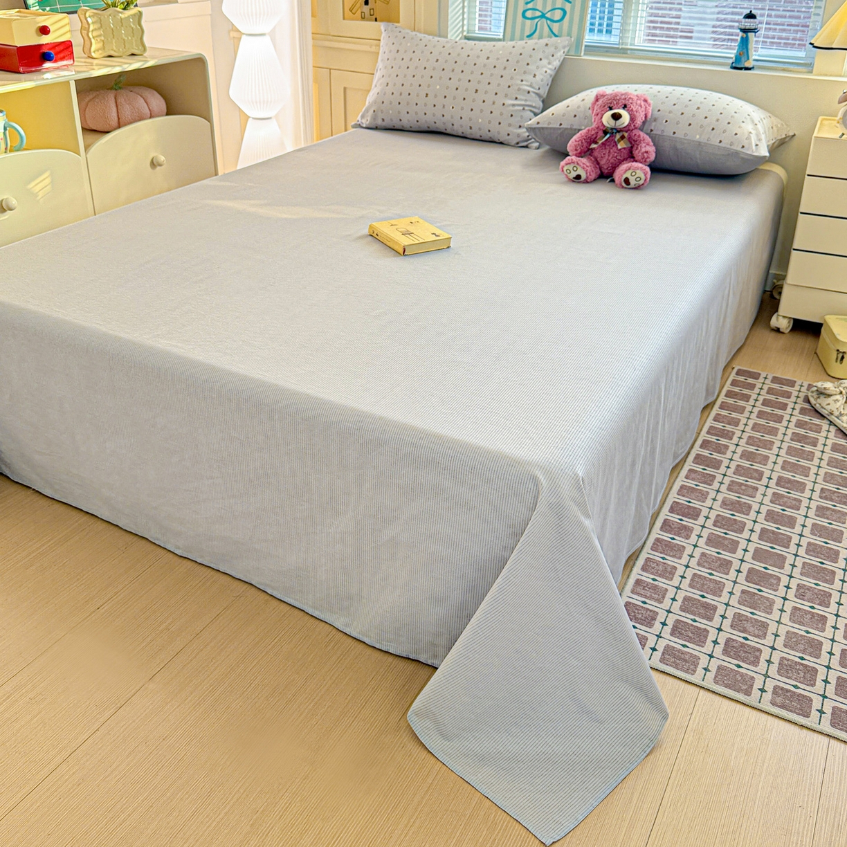 91家纺网 家纺一手货源 找家纺 名品家纺 2026新款100%纯棉床单系列 蓝灰条纹