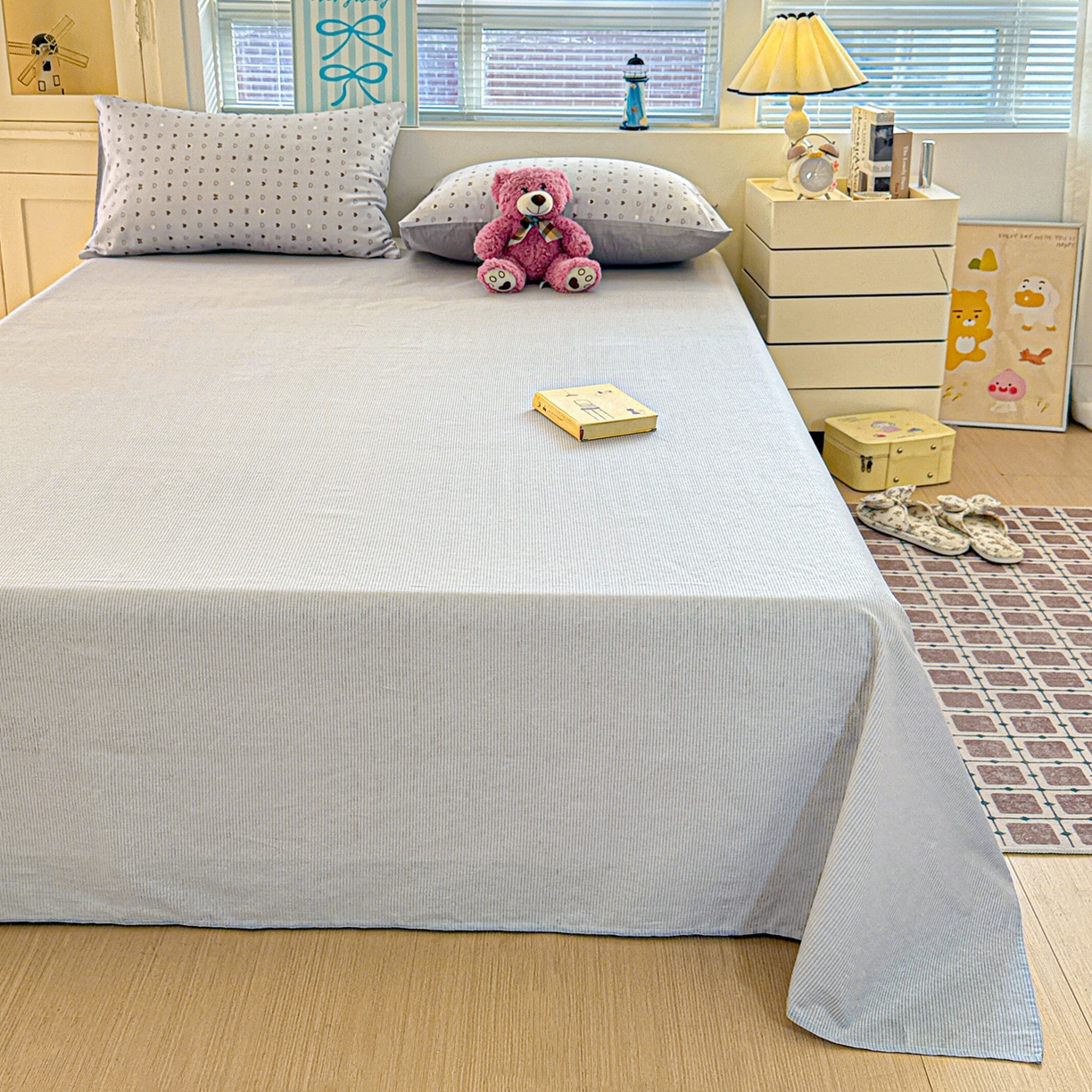 91家纺网 家纺一手货源 找家纺 名品家纺 2026新款100%纯棉床单系列 蓝灰条纹