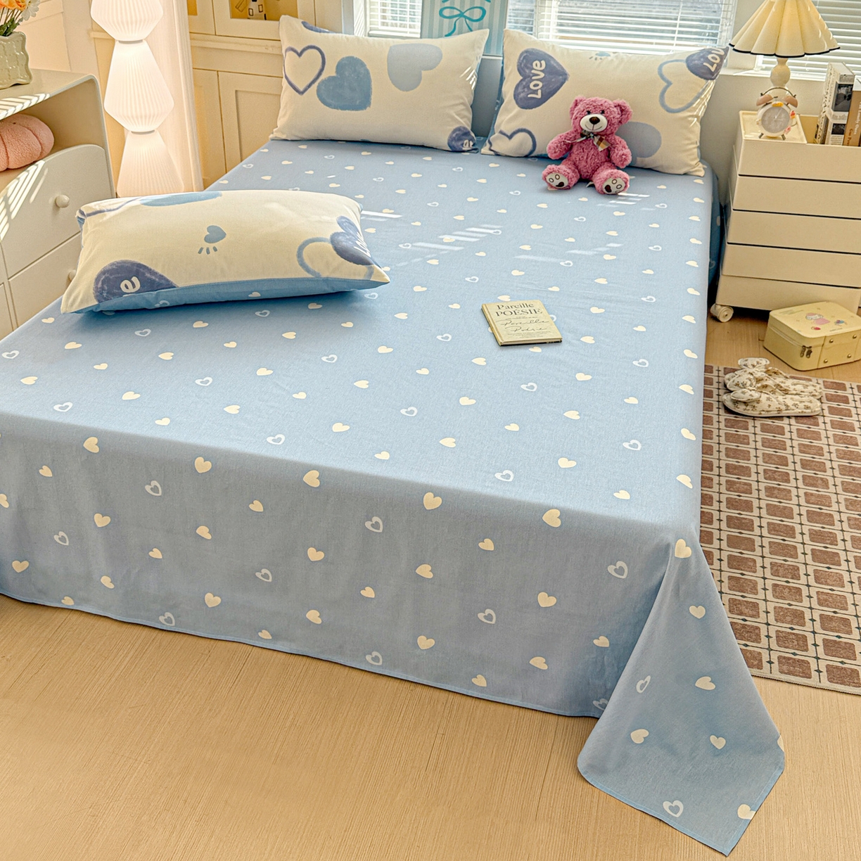 91家纺网 家纺一手货源 找家纺 名品家纺 2026新款100%纯棉床单系列 蓝色爱心