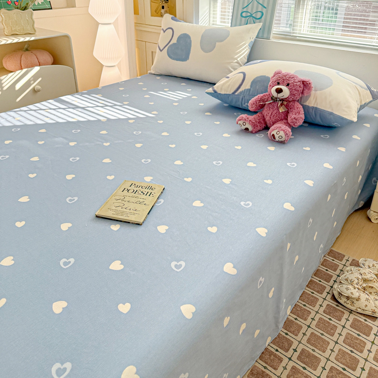 91家纺网 家纺一手货源 找家纺 名品家纺 2026新款100%纯棉床单系列 蓝色爱心