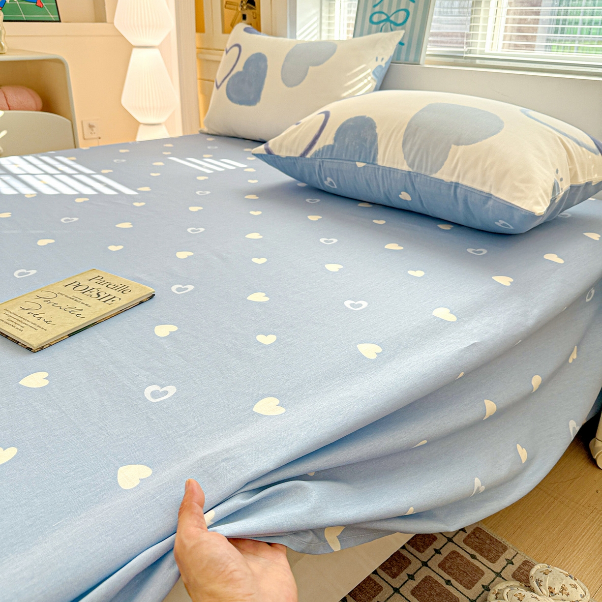 91家纺网 家纺一手货源 找家纺 名品家纺 2026新款100%纯棉床单系列 蓝色爱心