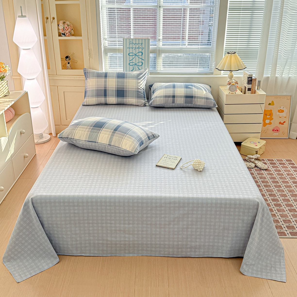 名品家纺 2026新款100%纯棉床单系列 蓝色格纹