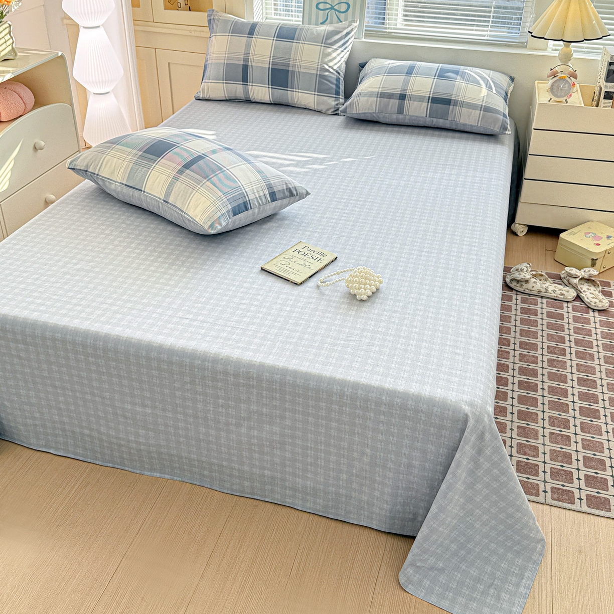 91家纺网 家纺一手货源 找家纺 名品家纺 2026新款100%纯棉床单系列 蓝色格纹