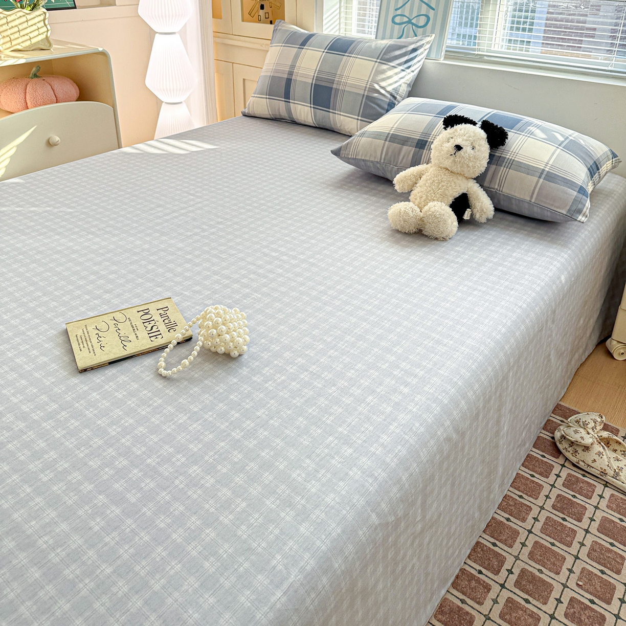 91家纺网 家纺一手货源 找家纺 名品家纺 2026新款100%纯棉床单系列 蓝色格纹