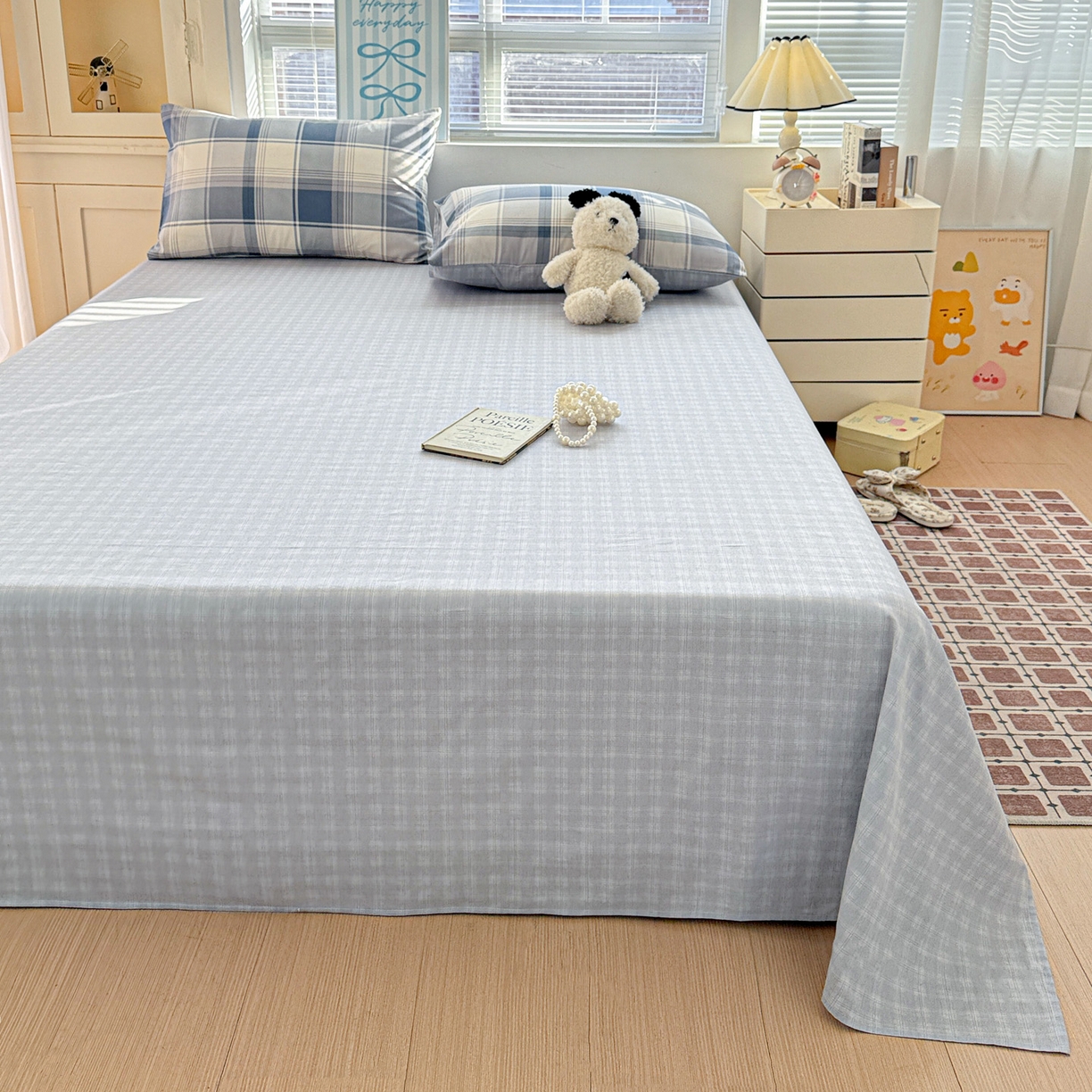 91家纺网 家纺一手货源 找家纺 名品家纺 2026新款100%纯棉床单系列 蓝色格纹