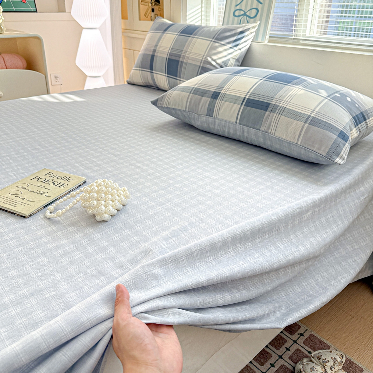 91家纺网 家纺一手货源 找家纺 名品家纺 2026新款100%纯棉床单系列 蓝色格纹