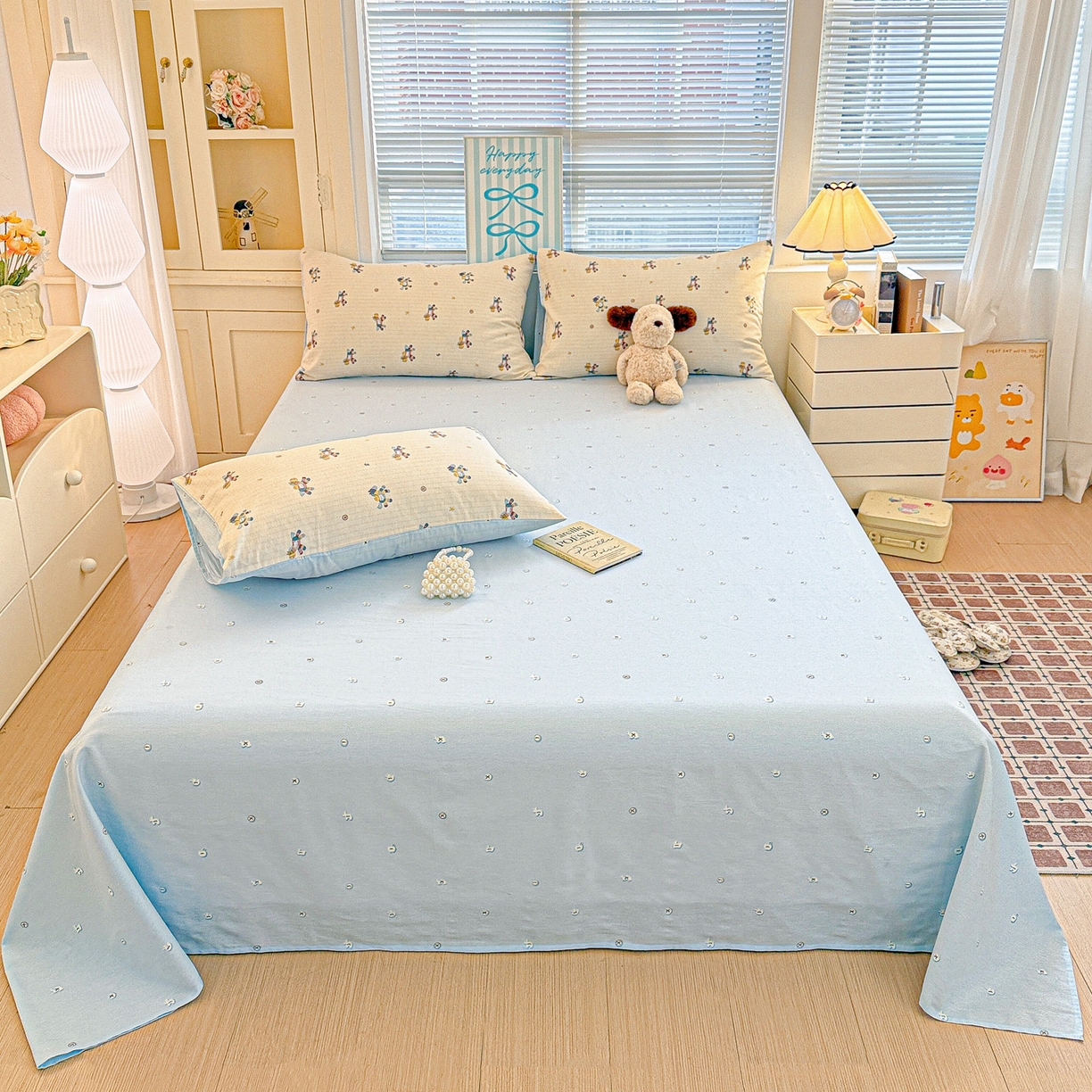 名品家纺 2026新款100%纯棉床单系列 蓝色纽扣