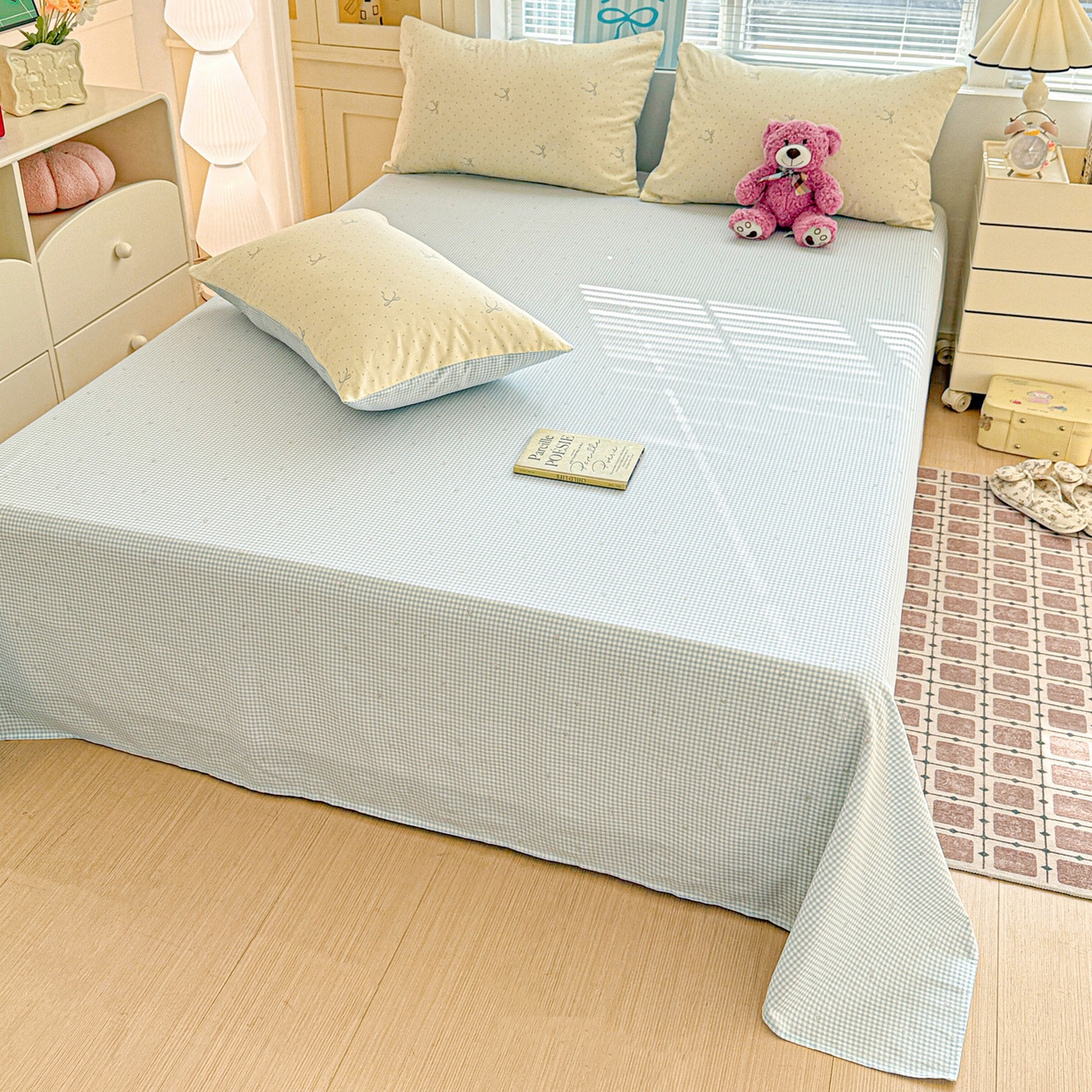 91家纺网 家纺一手货源 找家纺 名品家纺 2026新款100%纯棉床单系列 蓝色小格