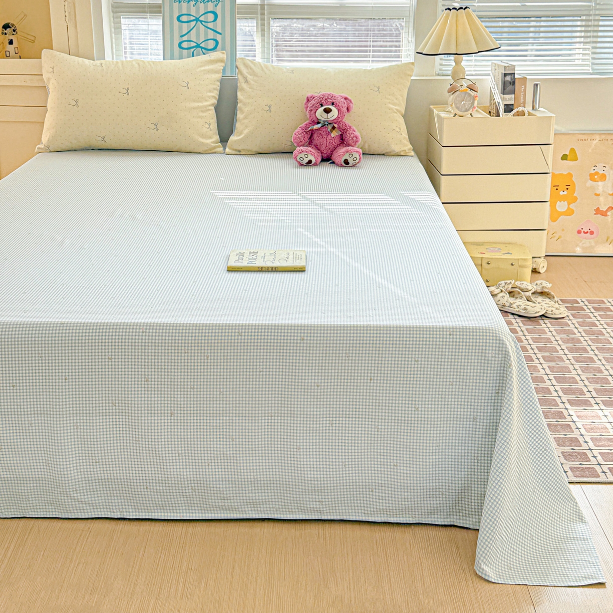 91家纺网 家纺一手货源 找家纺 名品家纺 2026新款100%纯棉床单系列 蓝色小格