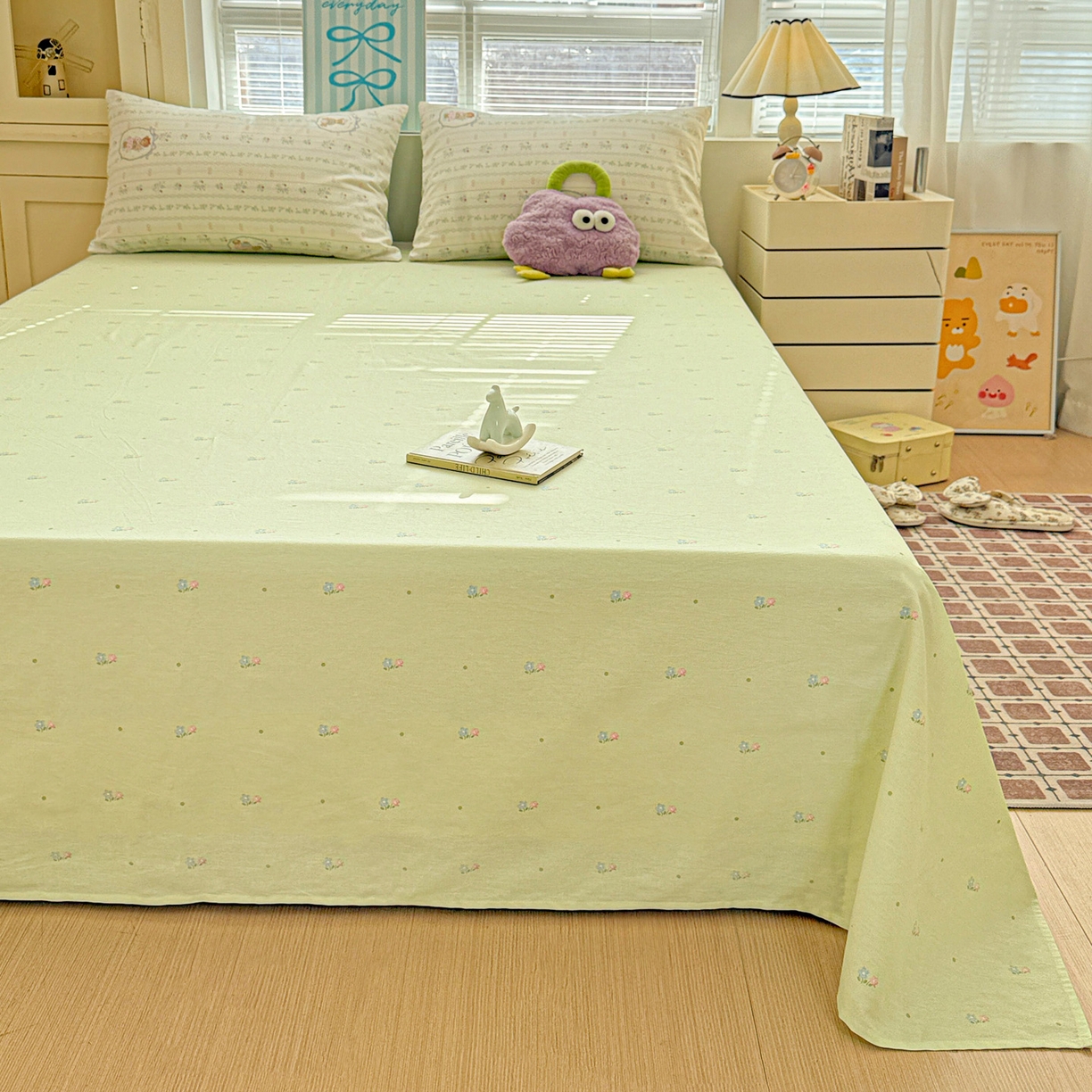 91家纺网 家纺一手货源 找家纺 名品家纺 2026新款100%纯棉床单系列 绿色小花