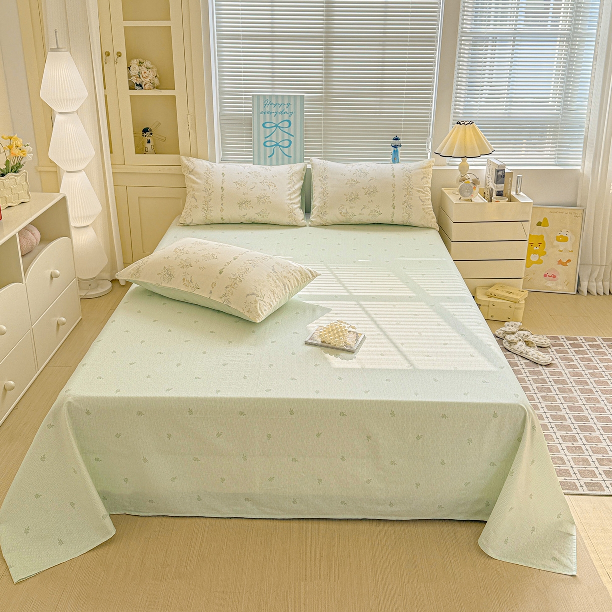 名品家纺 2026新款100%纯棉床单系列 条纹绿叶