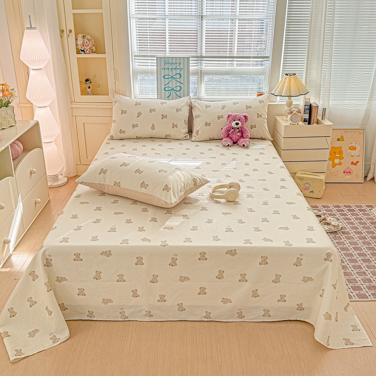 名品家纺 2026新款100%纯棉床单系列 条纹小熊