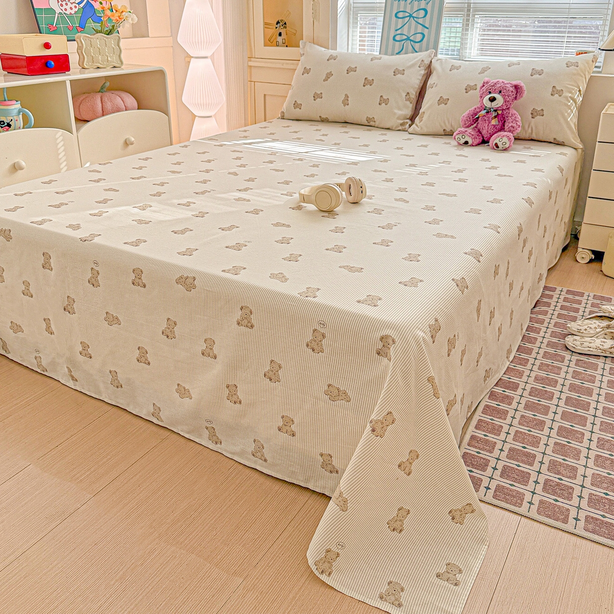 91家纺网 家纺一手货源 找家纺 名品家纺 2026新款100%纯棉床单系列 条纹小熊