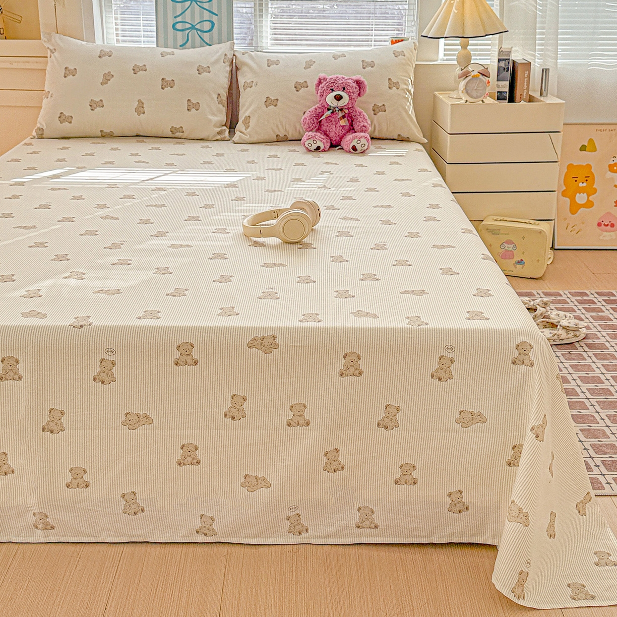 91家纺网 家纺一手货源 找家纺 名品家纺 2026新款100%纯棉床单系列 条纹小熊