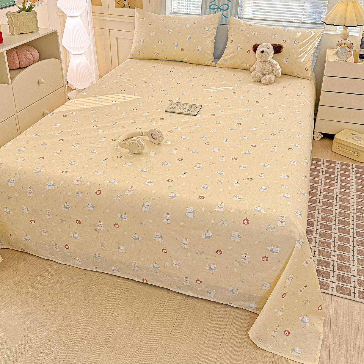 91家纺网 家纺一手货源 找家纺 名品家纺 2026新款100%纯棉床单系列 星愿汪汪