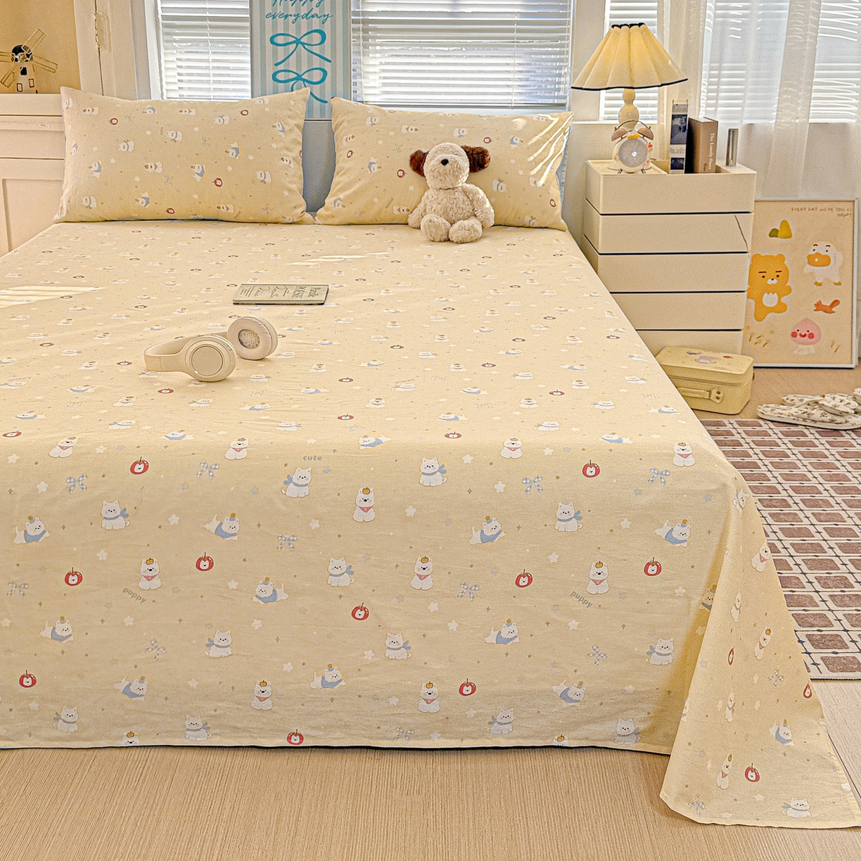 91家纺网 家纺一手货源 找家纺 名品家纺 2026新款100%纯棉床单系列 星愿汪汪