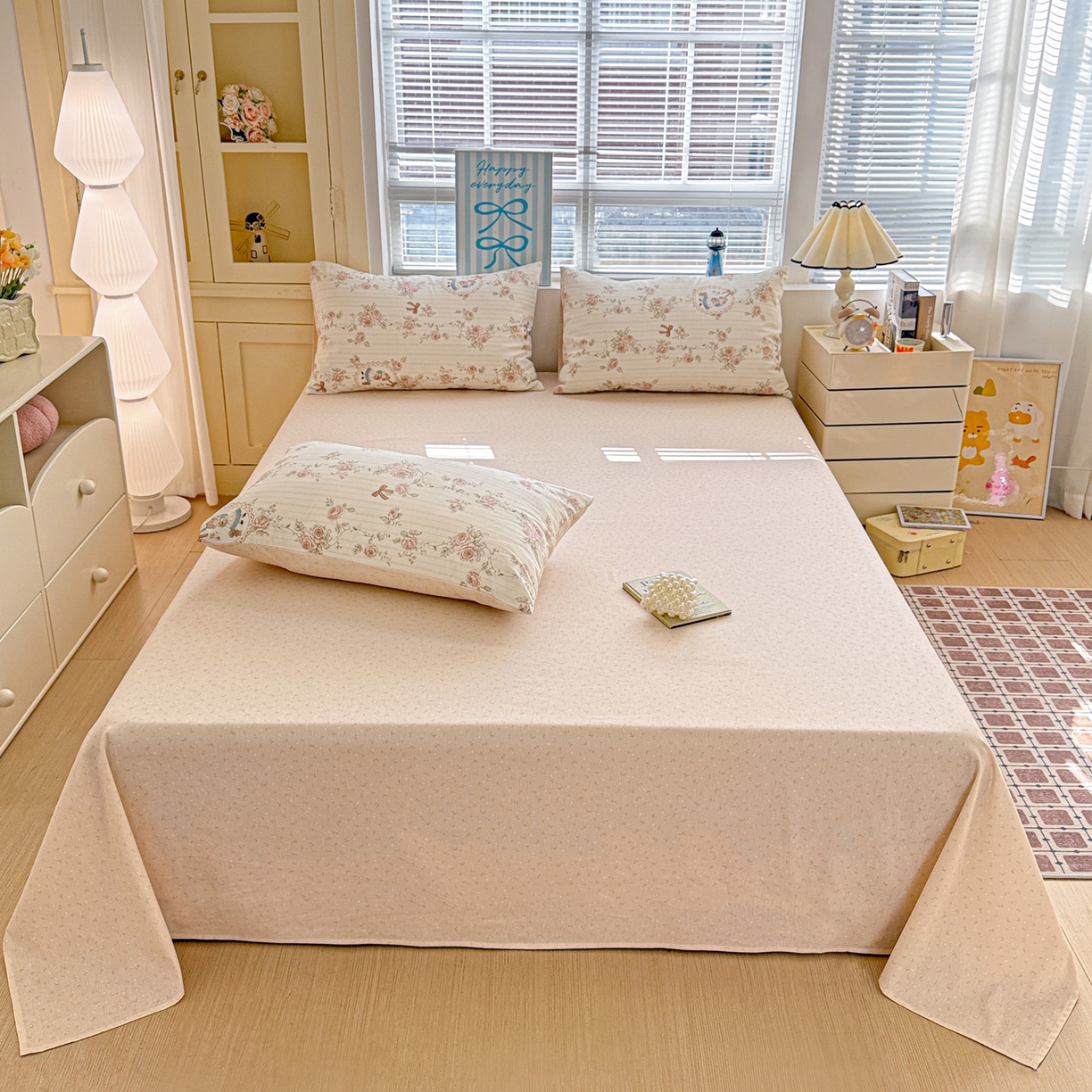 名品家纺 2026新款100%纯棉床单系列 杏粉小花