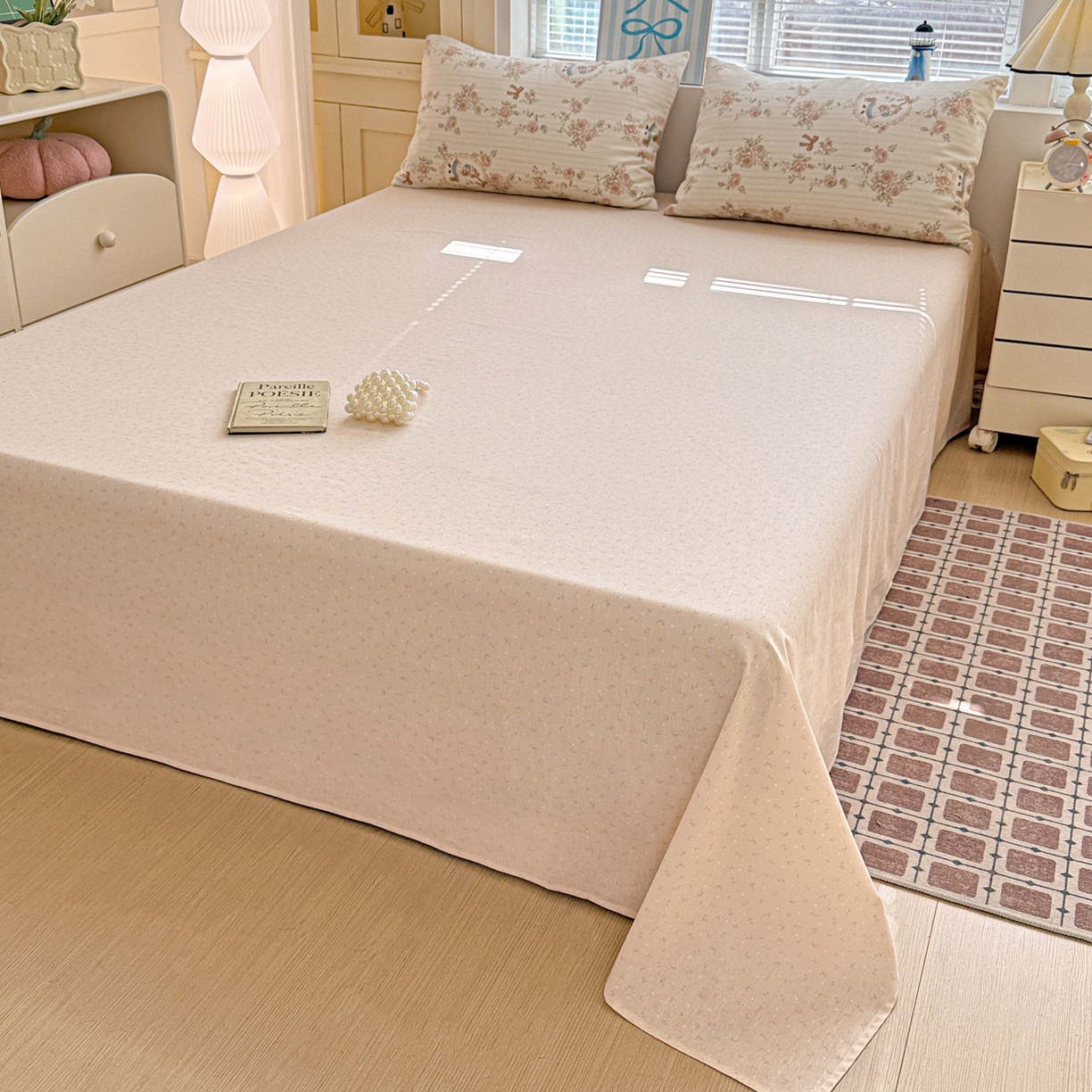 91家纺网 家纺一手货源 找家纺 名品家纺 2026新款100%纯棉床单系列 杏粉小花