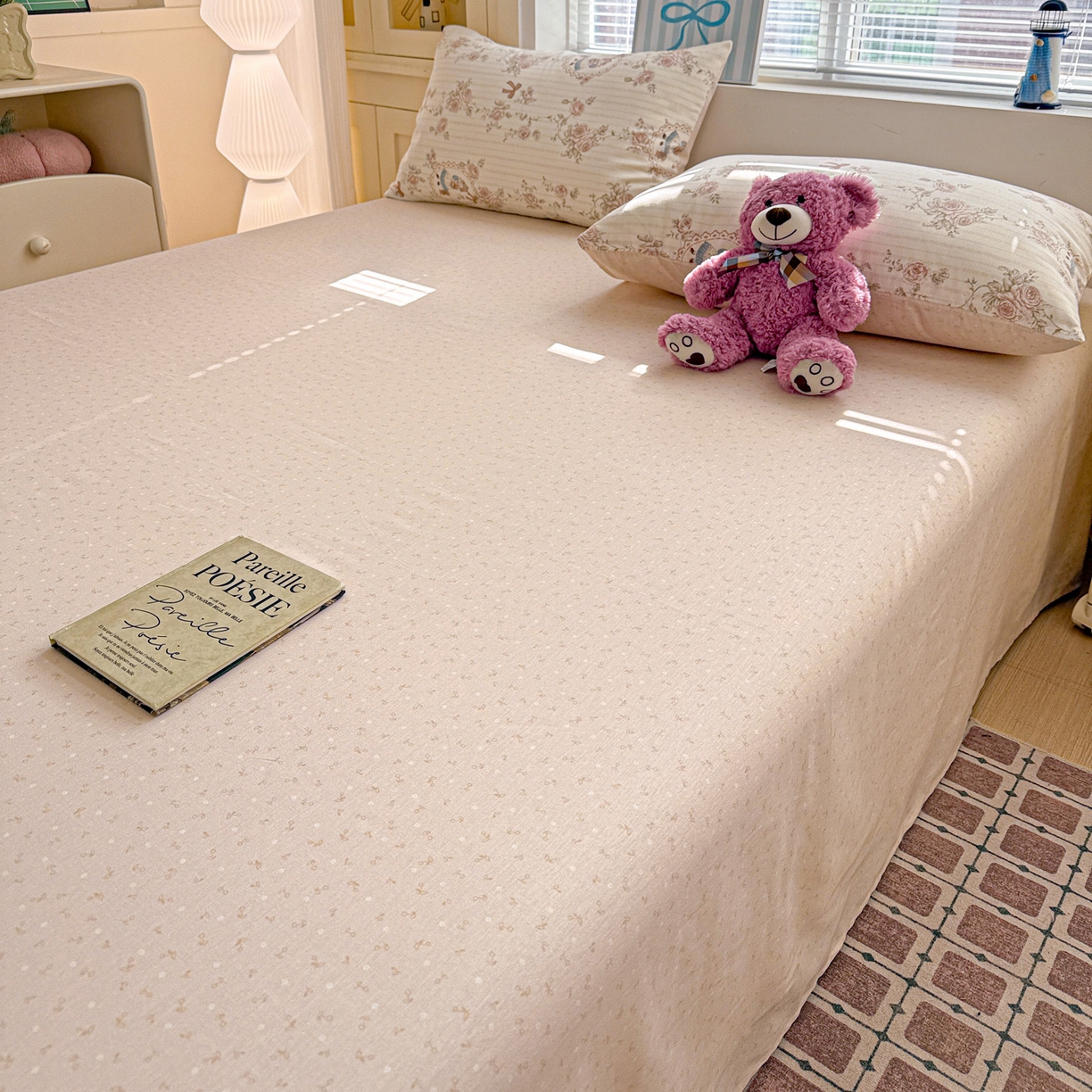 91家纺网 家纺一手货源 找家纺 名品家纺 2026新款100%纯棉床单系列 杏粉小花