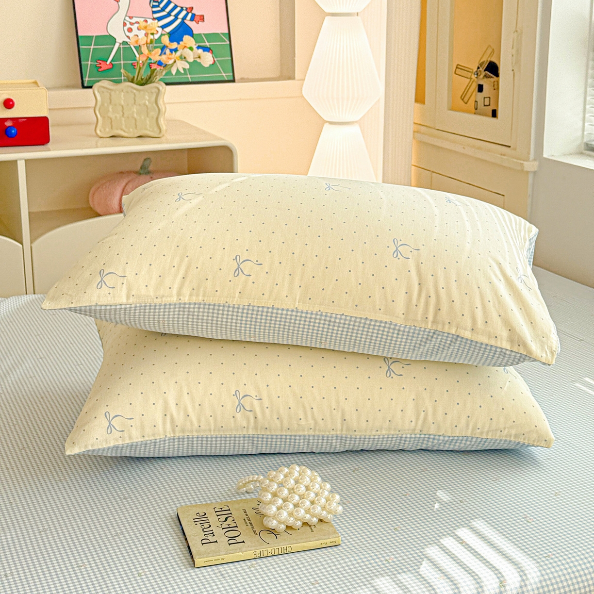 91家纺网 家纺一手货源 找家纺 名品家纺 2026新款100%纯棉枕套系列 波点蝴蝶结