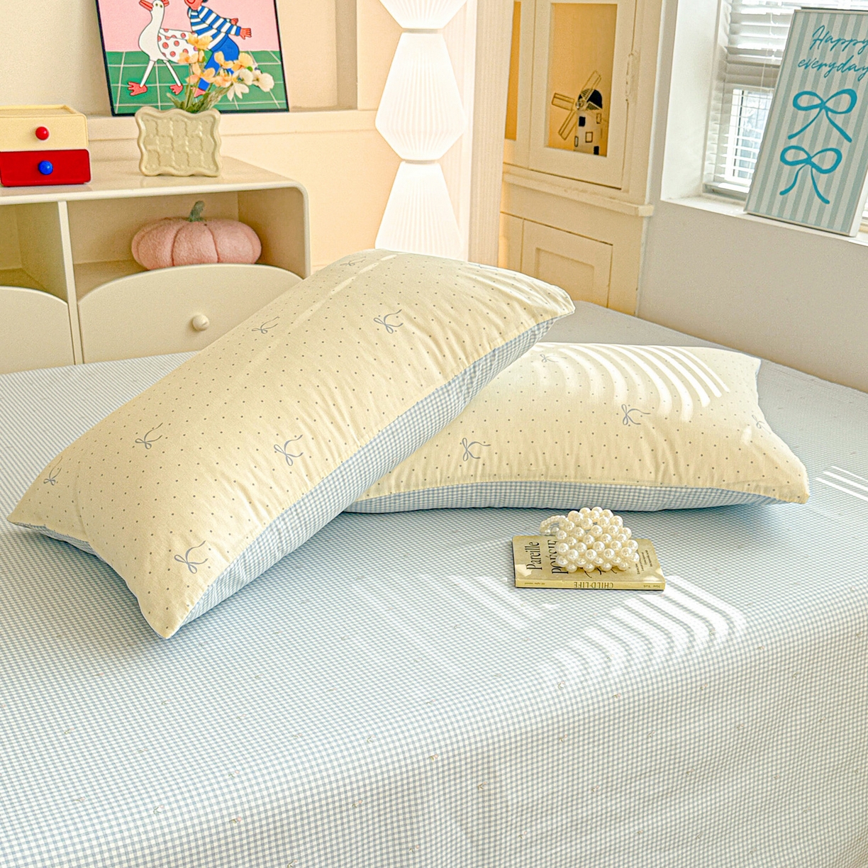 91家纺网 家纺一手货源 找家纺 名品家纺 2026新款100%纯棉枕套系列 波点蝴蝶结