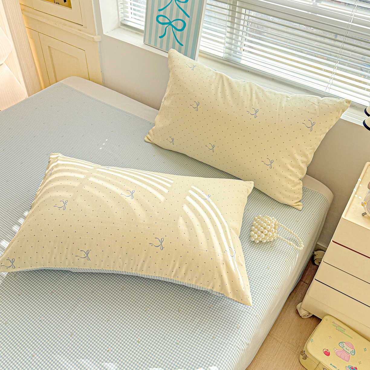 91家纺网 家纺一手货源 找家纺 名品家纺 2026新款100%纯棉枕套系列 波点蝴蝶结