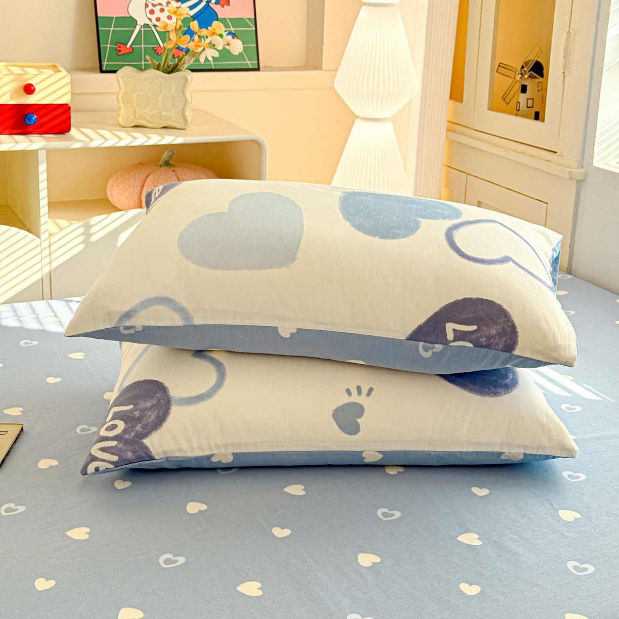 91家纺网 家纺一手货源 找家纺 名品家纺 2026新款100%纯棉枕套系列 奶油爱心