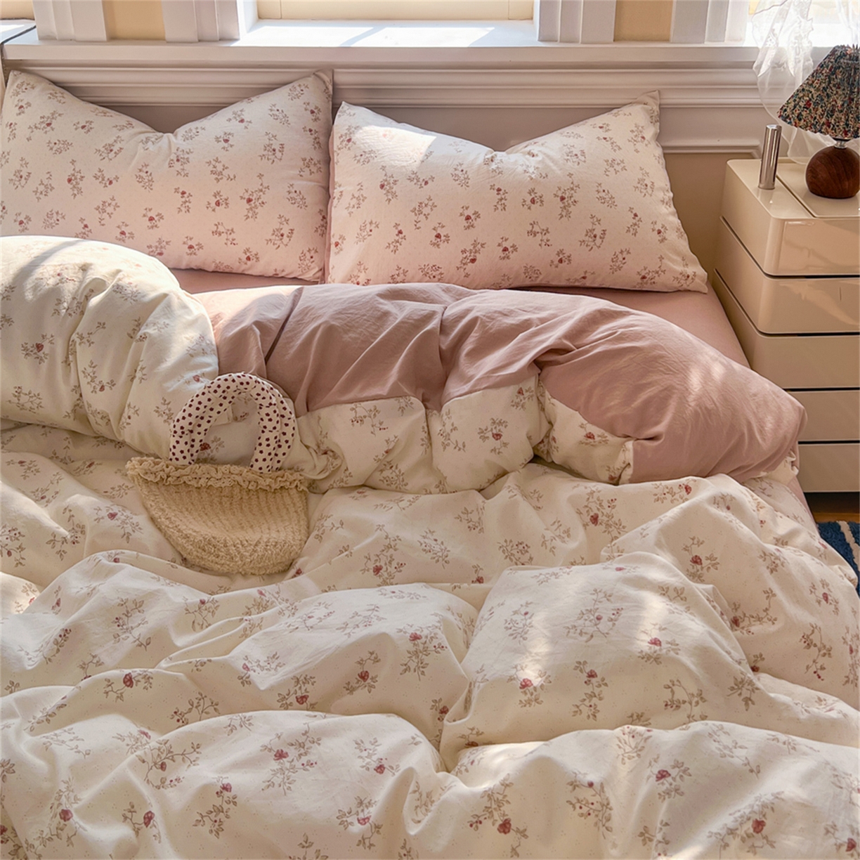 91家纺网 家纺一手货源 找家纺 玉海棠家纺 2026新款古法水洗仿棉云感纱四件套 花晨月汐